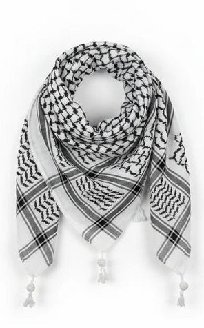 Black and white checkered scarf with tassels on a white background