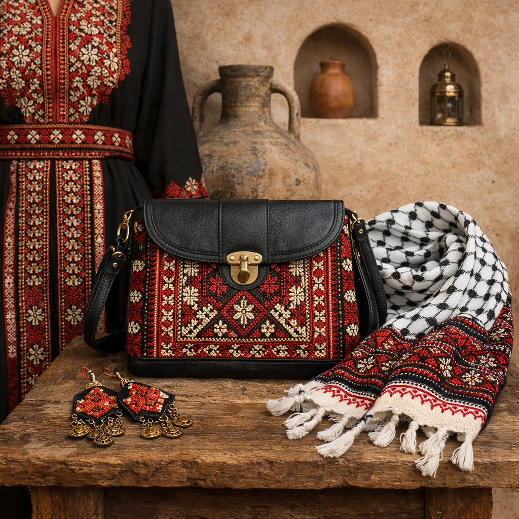 Alhaifawi | Decorative handbag with intricate patterns, a scarf, and earrings on a wooden surface with a rustic background.