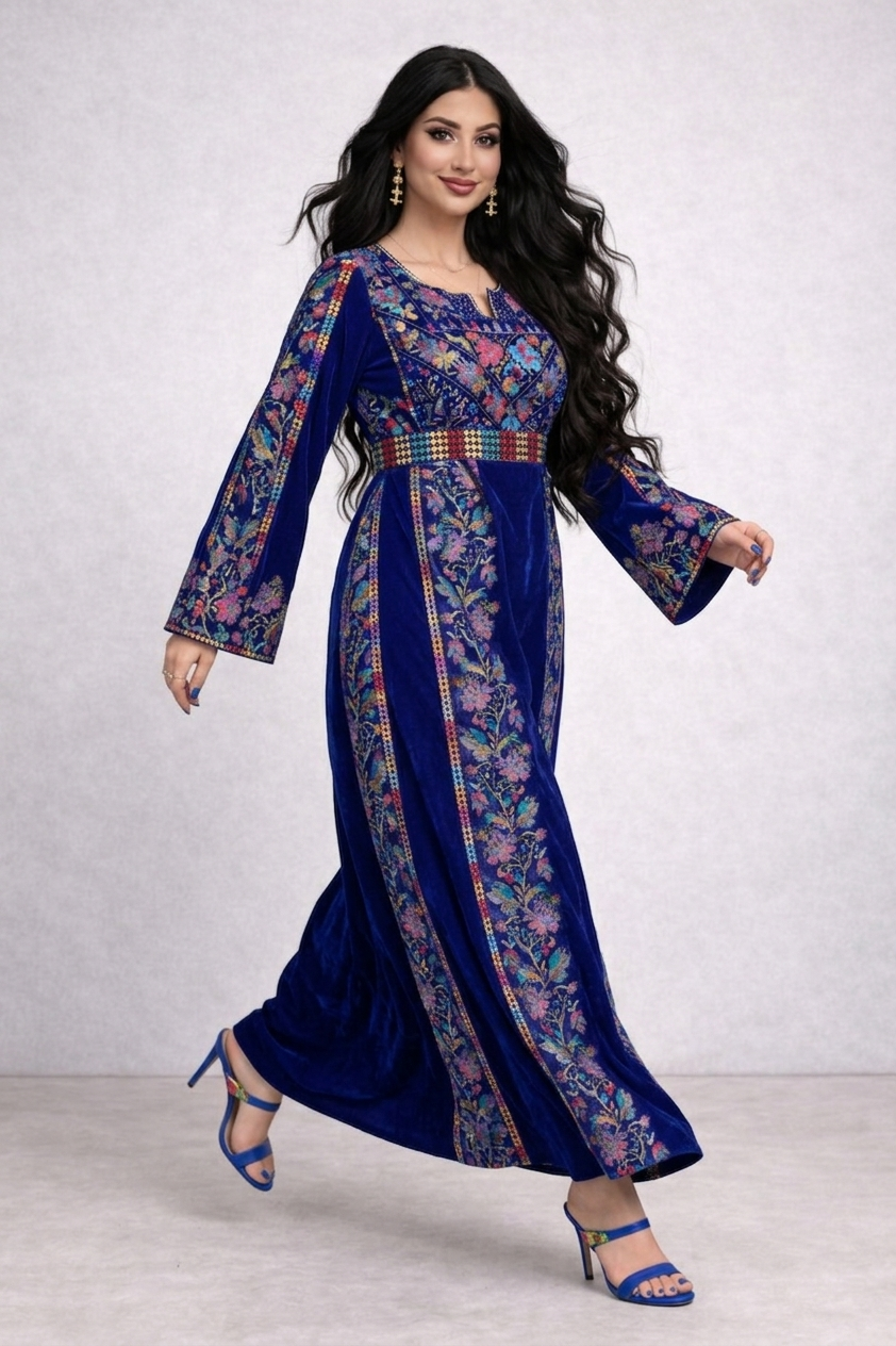 Alhaifawi | Woman wearing a blue floral dress on a white background